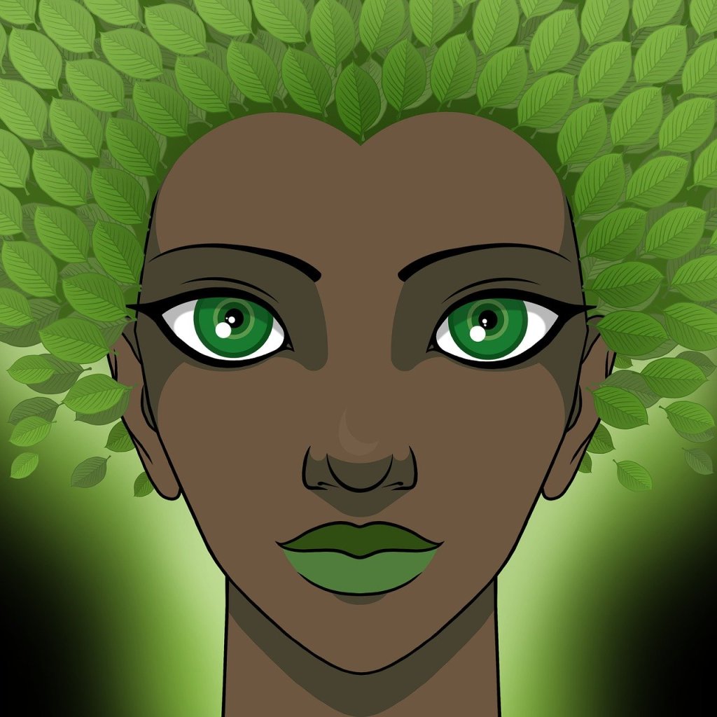 Image of a brown woman's face with leaves for hair
